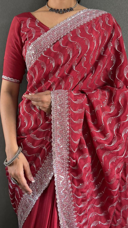 Vastranavya Pink Chinnon Silk Embroidery Multi Sequence & Arco Cut Work Ready to Wear Saree | Swadesiicart