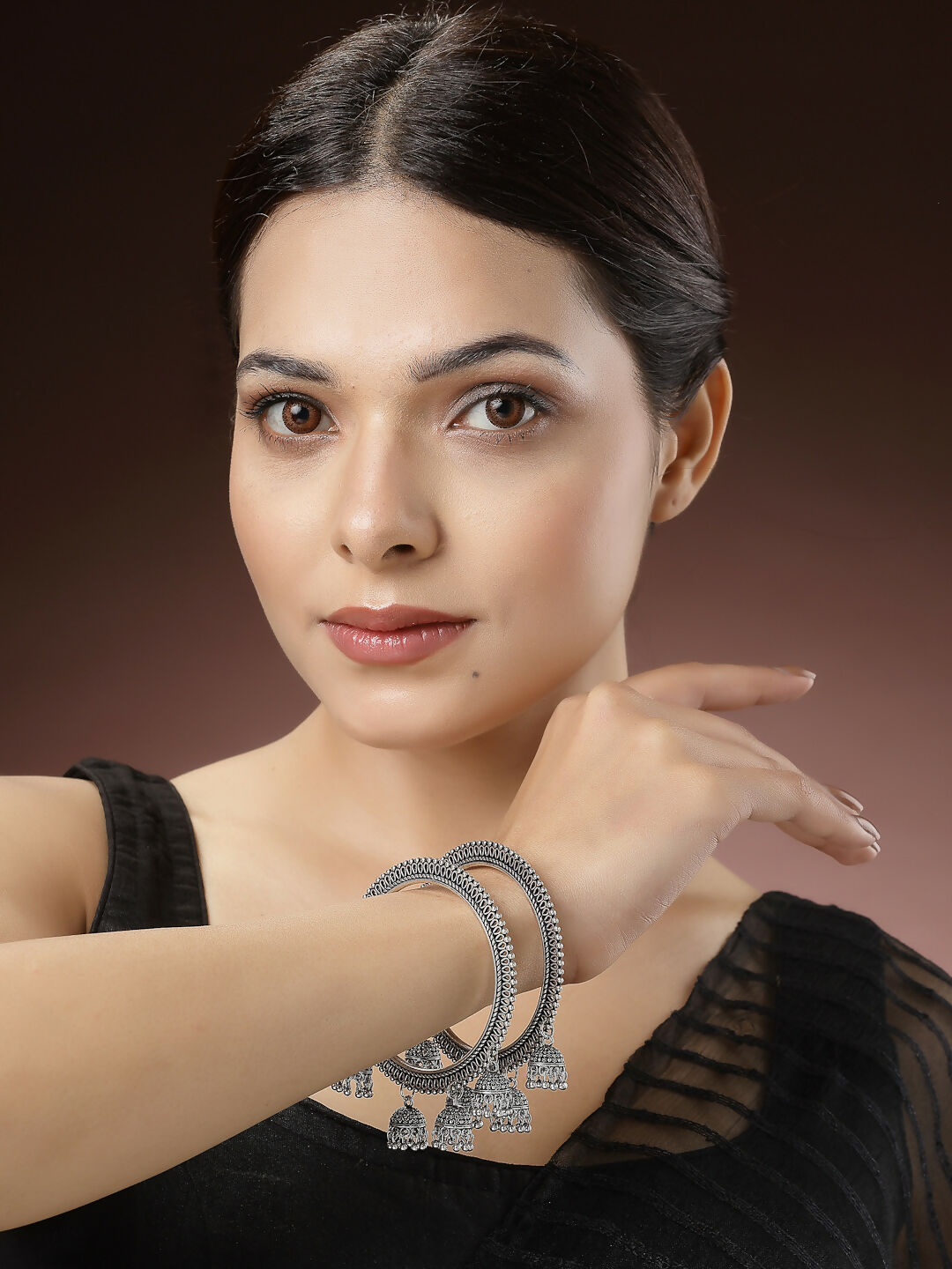 NVR Women's Set of 2 Silver-Toned German Silver Oxidised Bangle - Swadesiicart