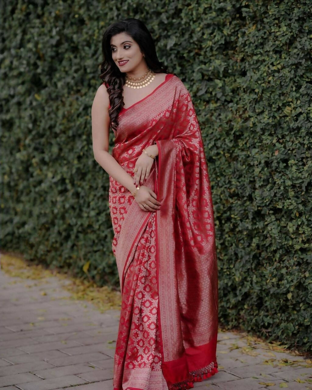 DEIANA'S Beautiful Designer Golden zari Soft Lichi Silk Saree - Red - Swadesiicart