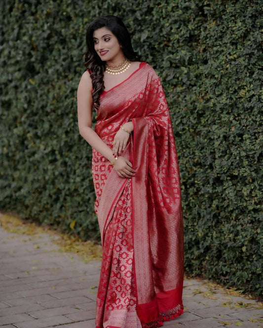 DEIANA'S Beautiful Designer Golden zari Soft Lichi Silk Saree - Red - Swadesiicart