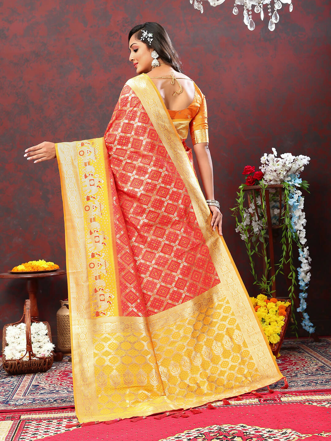 Lorenvalley Fashion Red & Yellow Patola Silk Woven Design Meenakari Weaving Saree - Swadesiicart