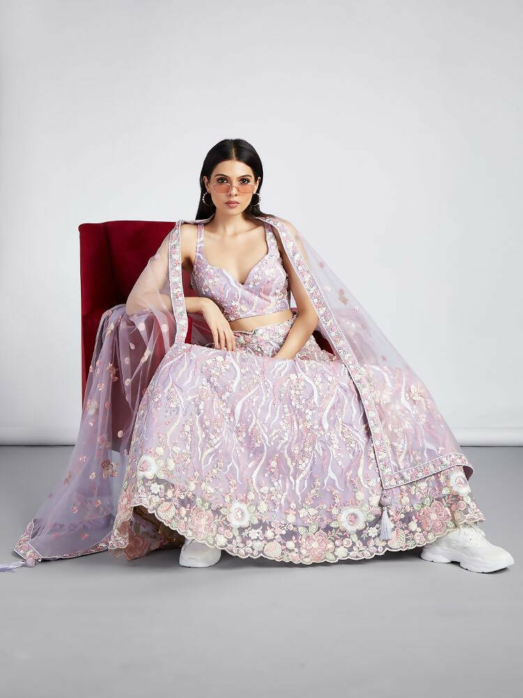 House of Panchhi Mauve Net Sequins And Thread Embroidery Lehenga Choli & Dupatta | Swadesiicart
