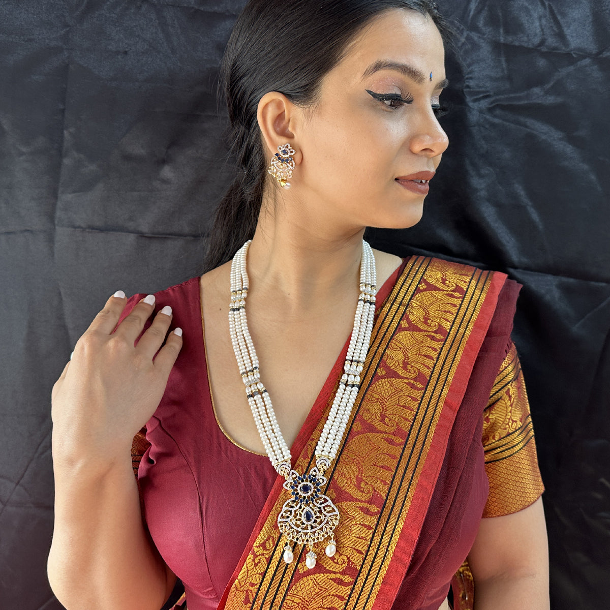 J Pearls Heena 3 Lines Rani Haar Necklace | Swadesiicart