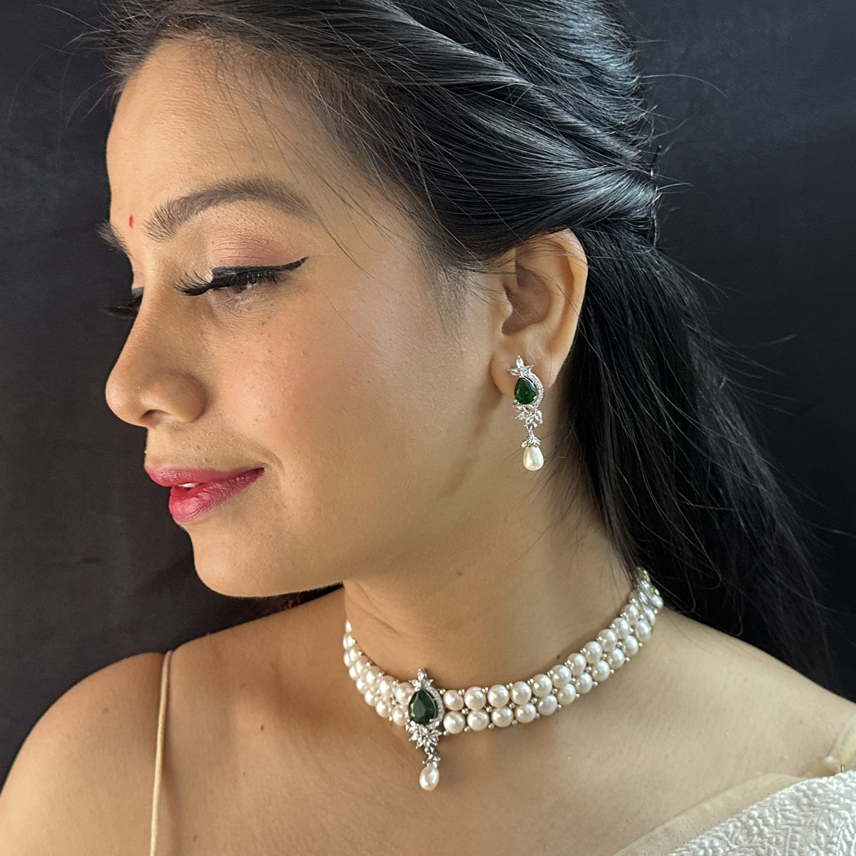 J Pearls Dual Line White Pearl Choker | Swadesiicart