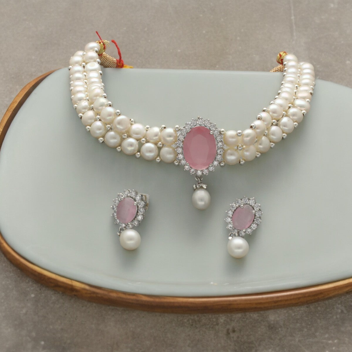 J Pearls Designer 2 Lines White Pearl Choker | Swadesiicart