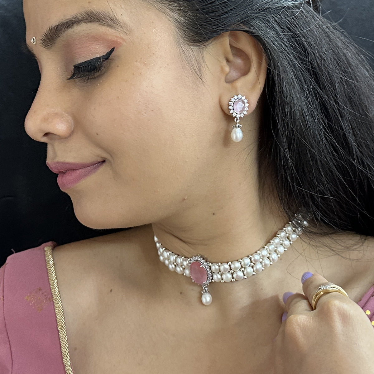 J Pearls Designer 2 Lines White Pearl Choker | Swadesiicart