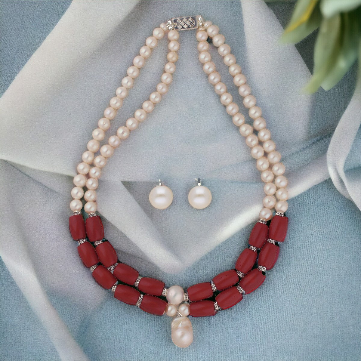 J Pearls Cherry 2 Lines Round Pearl Necklaces | Swadesiicart
