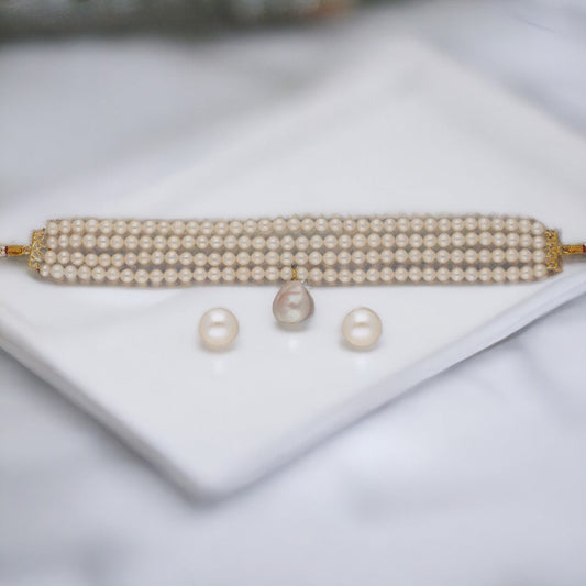 J Pearls Iha 4 Lines Round Pearl Choker Set | Swadesiicart