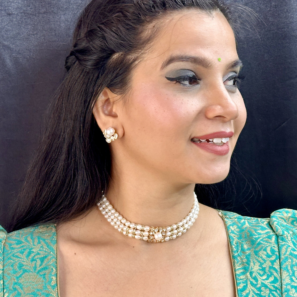 J Pearls Jasmine 3 Lines Pearl Choker Set | Swadesiicart
