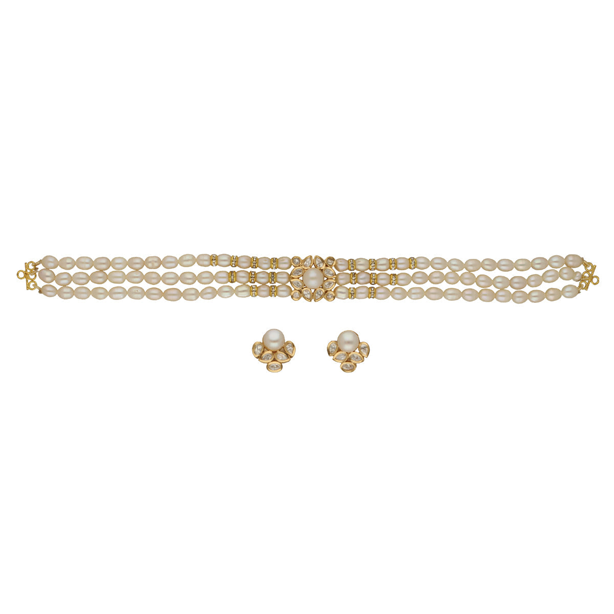 J Pearls Jasmine 3 Lines Pearl Choker Set | Swadesiicart