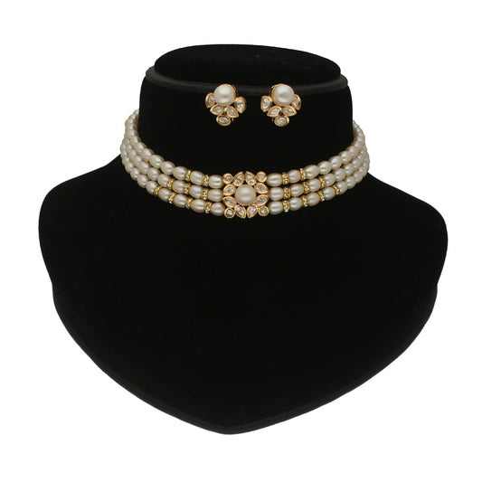 J Pearls Jasmine 3 Lines Pearl Choker Set | Swadesiicart