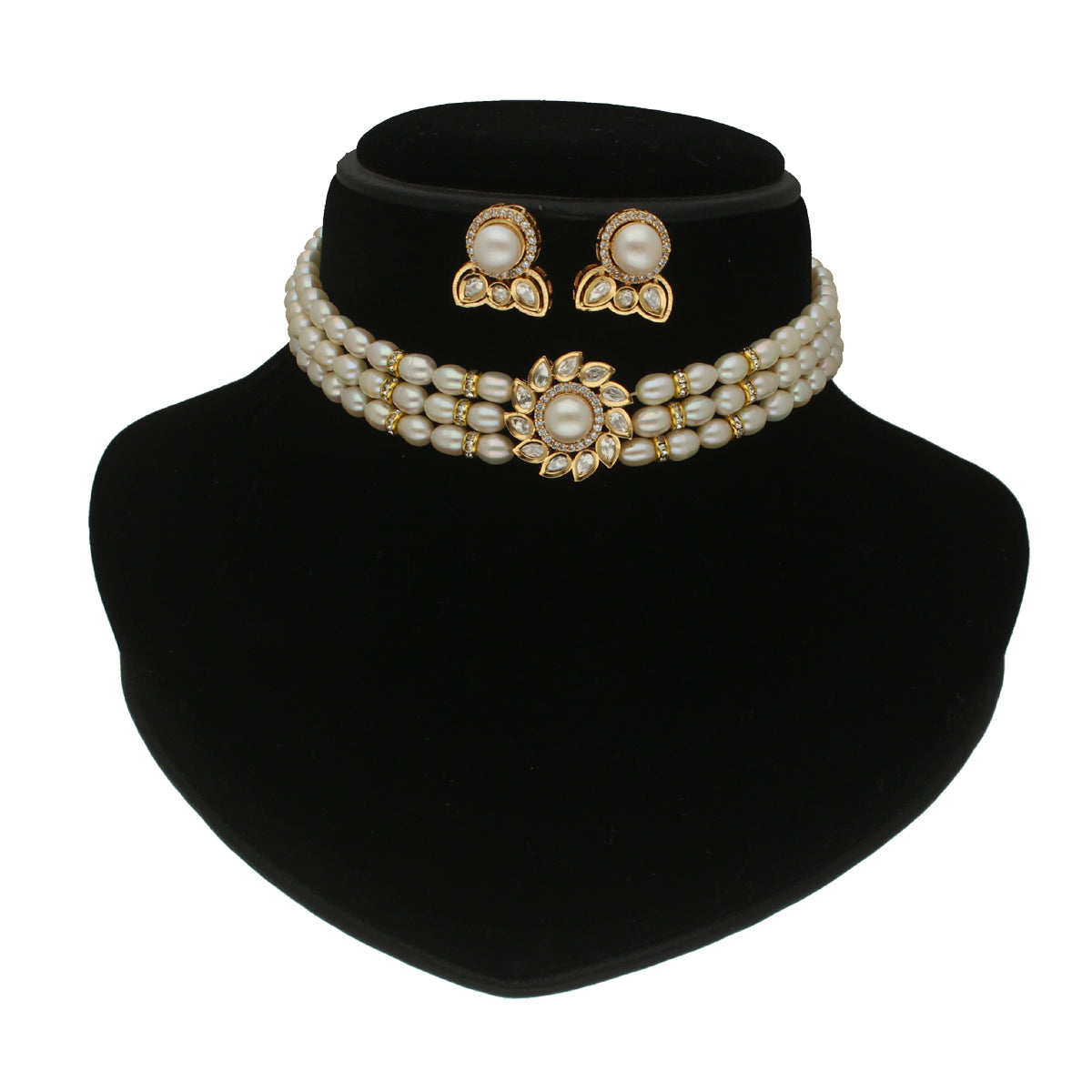 J Pearls Mahika 3 Lines Pearl Choker Set | Swadesiicart