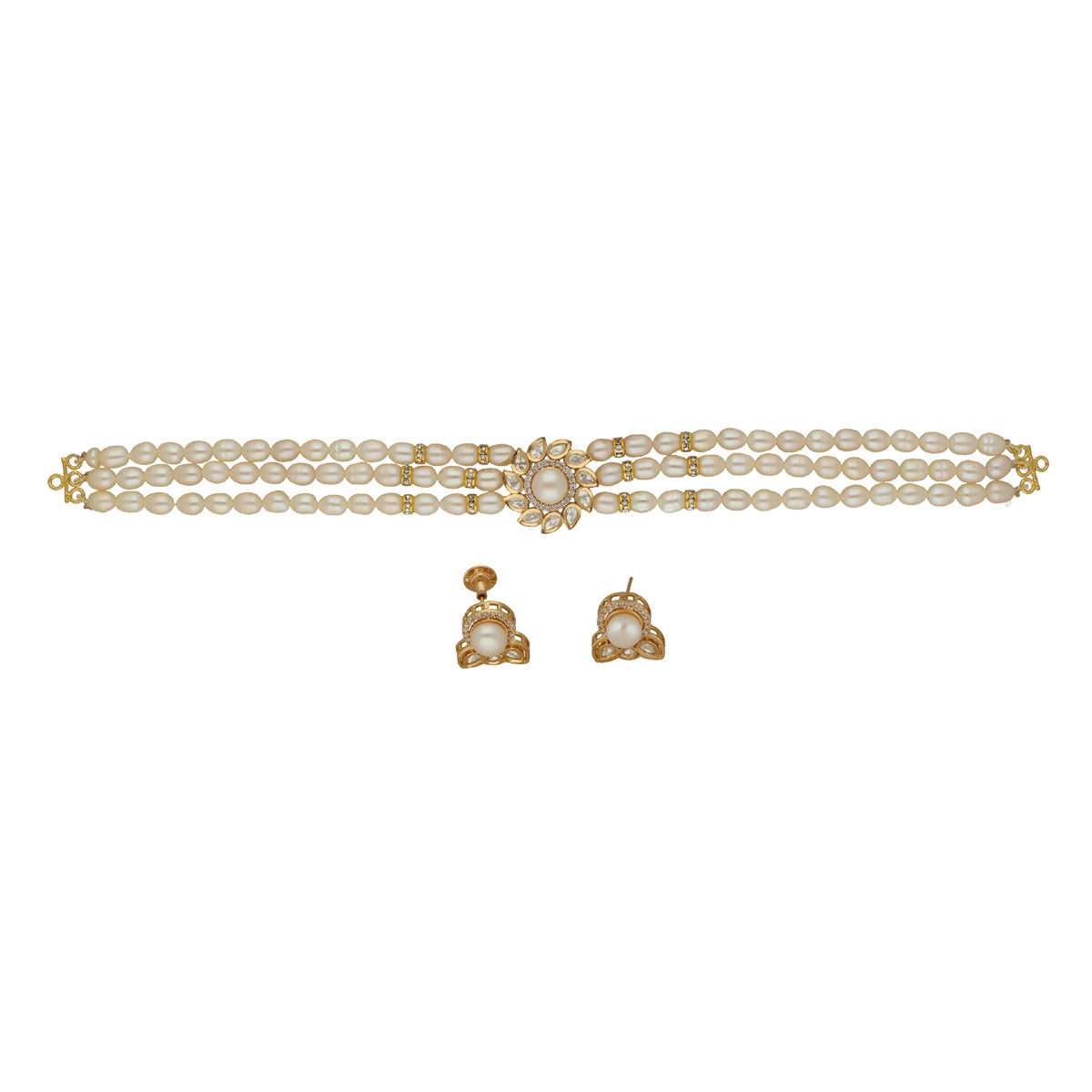 J Pearls Mahika 3 Lines Pearl Choker Set | Swadesiicart