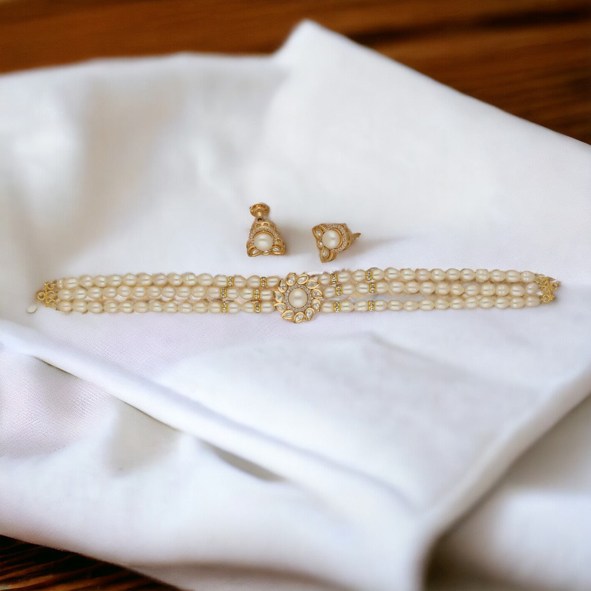 J Pearls Mahika 3 Lines Pearl Choker Set | Swadesiicart