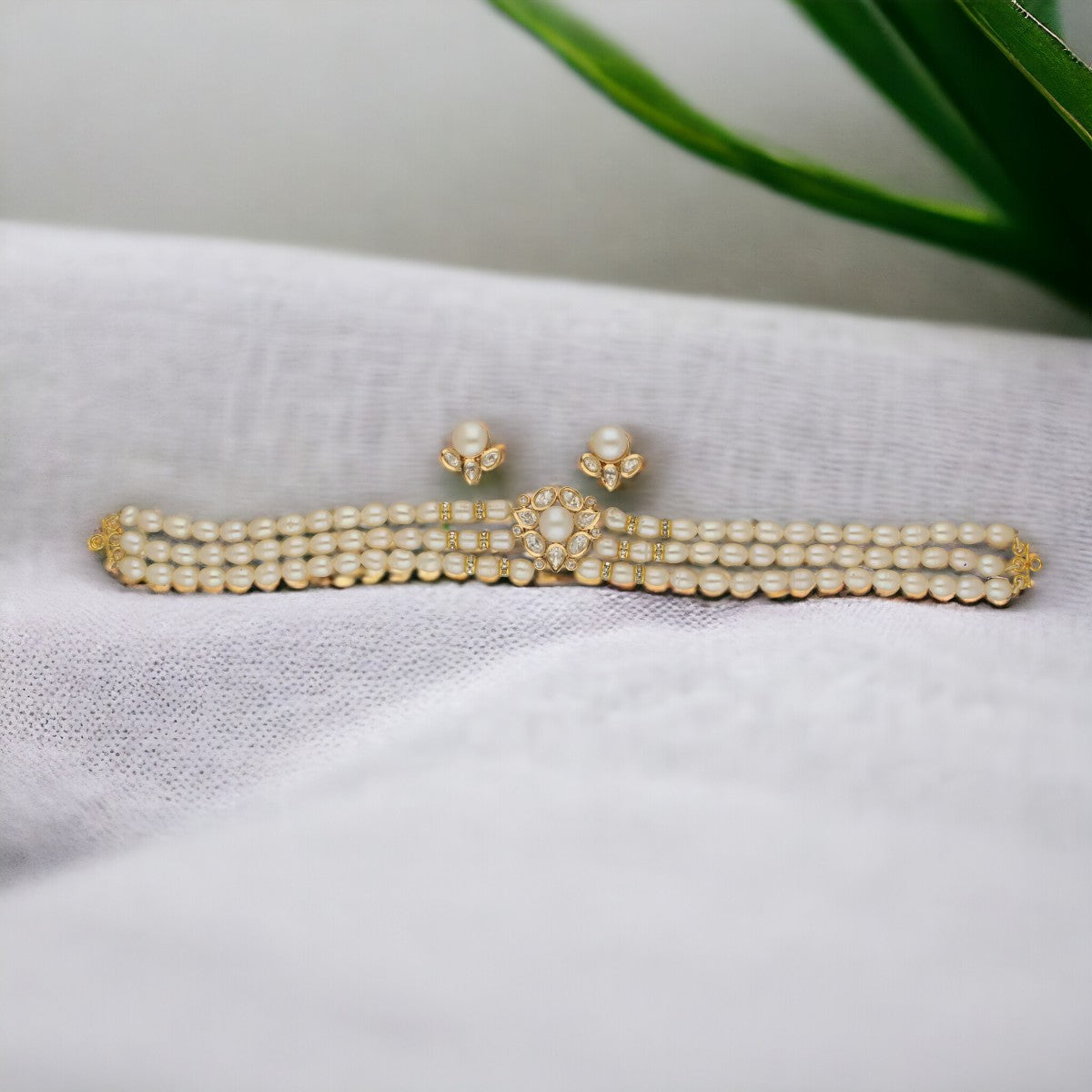 J Pearls Zivah 3 Lines Pearl Choker Set | Swadesiicart