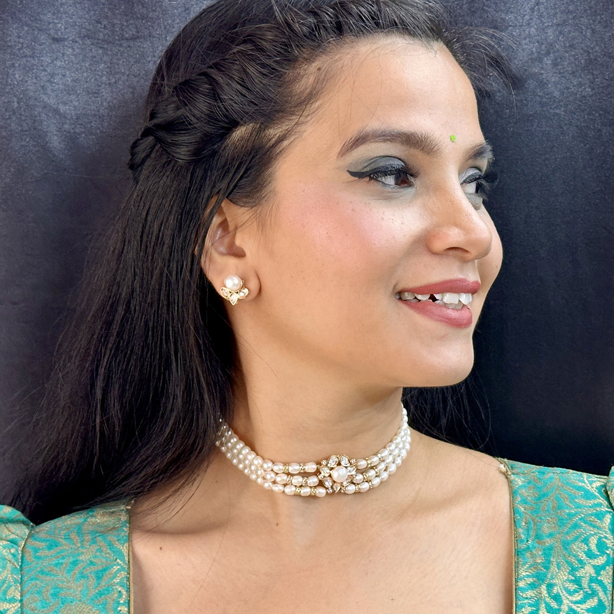 J Pearls Zivah 3 Lines Pearl Choker Set | Swadesiicart