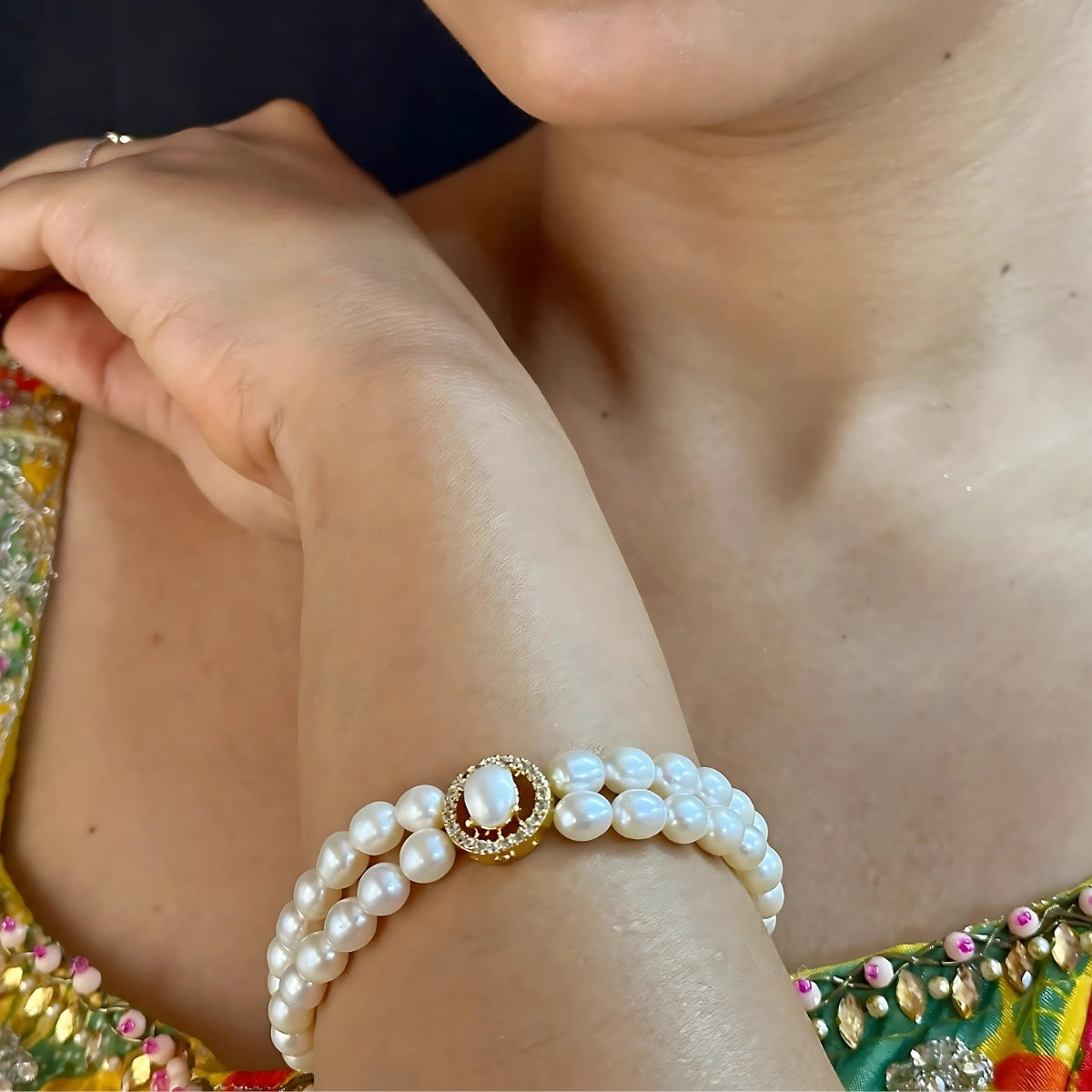 J Pearls Caralin Dual Line Pearl Bracelet - Swadesiicart