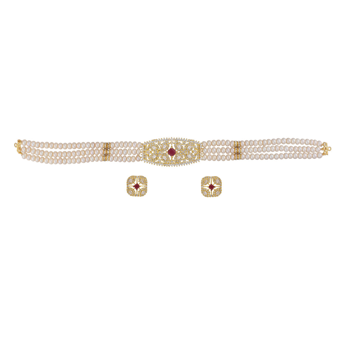 J Pearls Kyra 3 Lines Round Choker Set - Real Pearl Jewelry | Swadesiicart