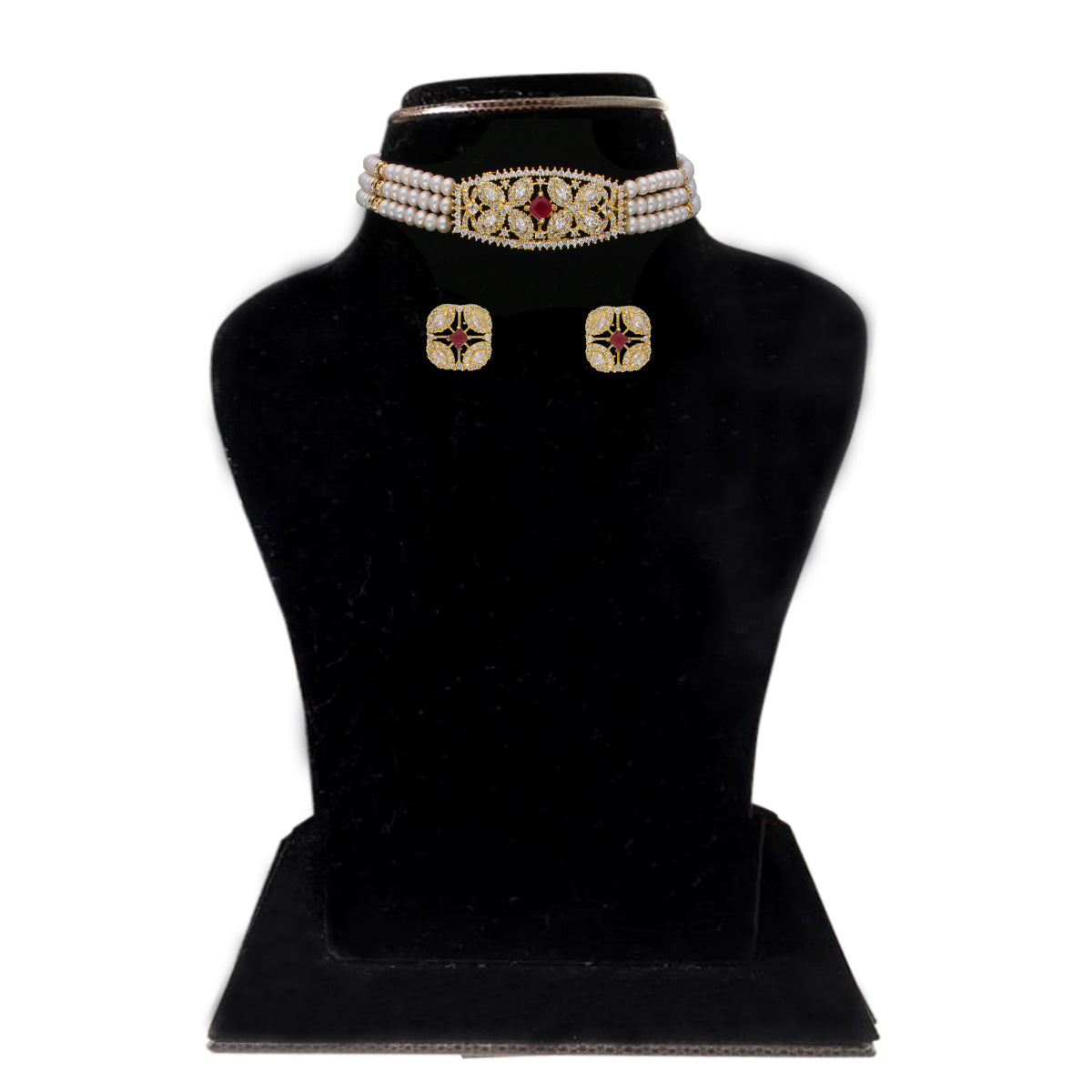 J Pearls Kyra 3 Lines Round Choker Set - Real Pearl Jewelry | Swadesiicart