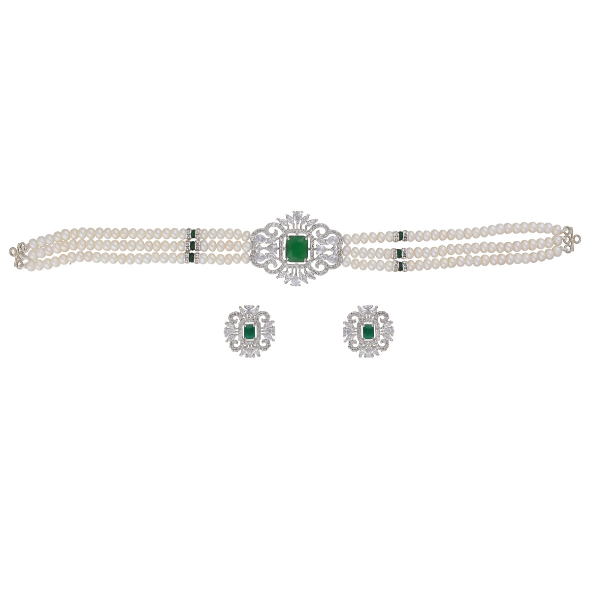 J Pearls Fatema 3 Lines Button Choker Set - Real Pearl Jewelry | Swadesiicart