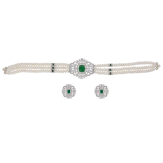 J Pearls Fatema 3 Lines Button Choker Set - Real Pearl Jewelry | Swadesiicart