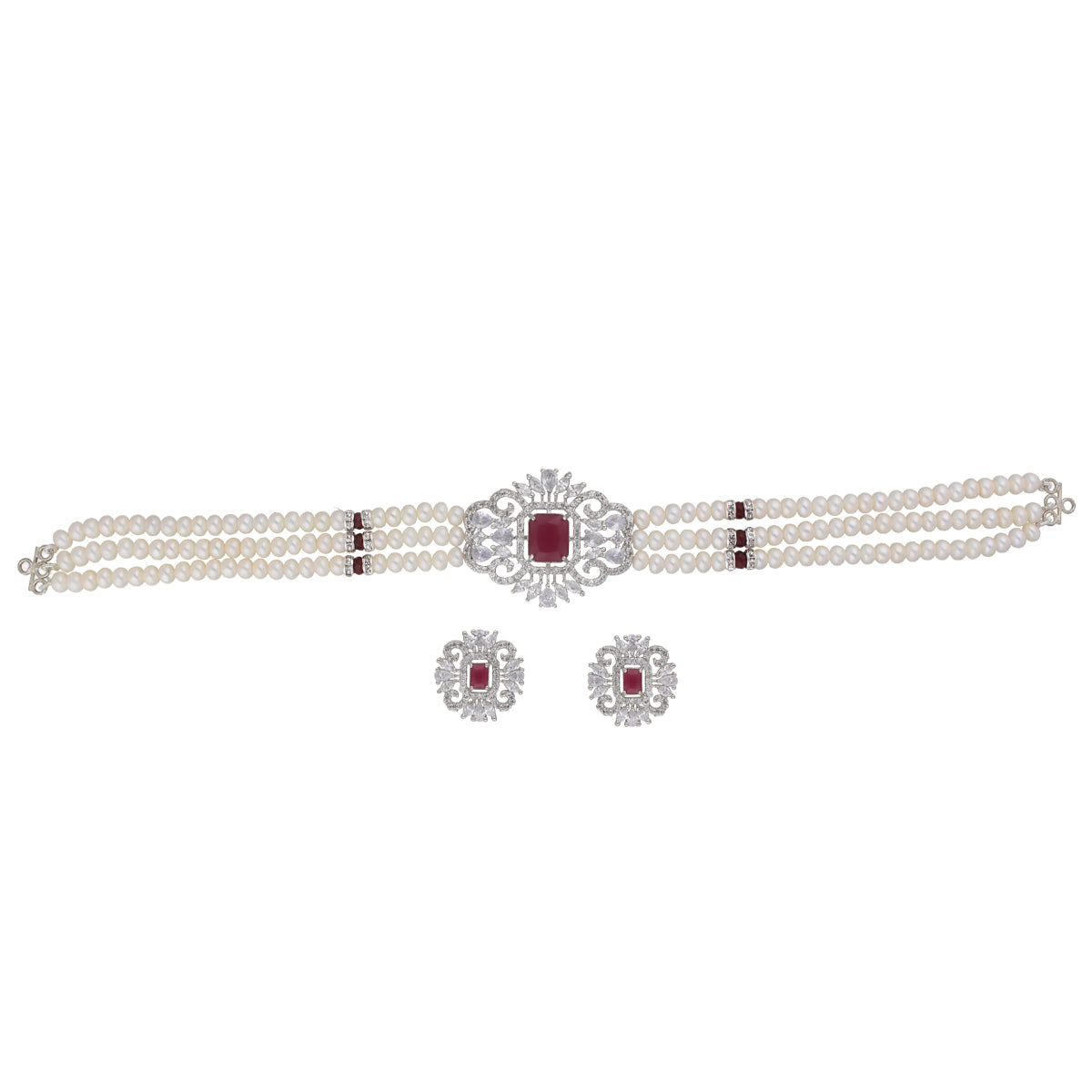 J Pearls Jabala 3 Lines Button Choker Set - Real Pearl Jewelry | Swadesiicart