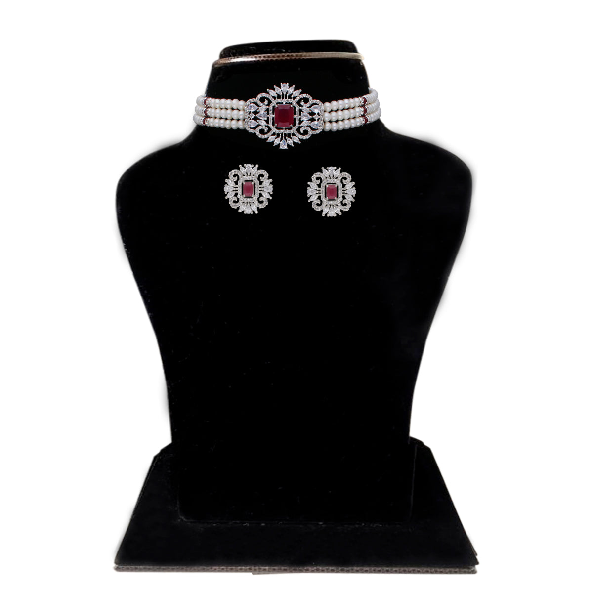 J Pearls Jabala 3 Lines Button Choker Set - Real Pearl Jewelry | Swadesiicart