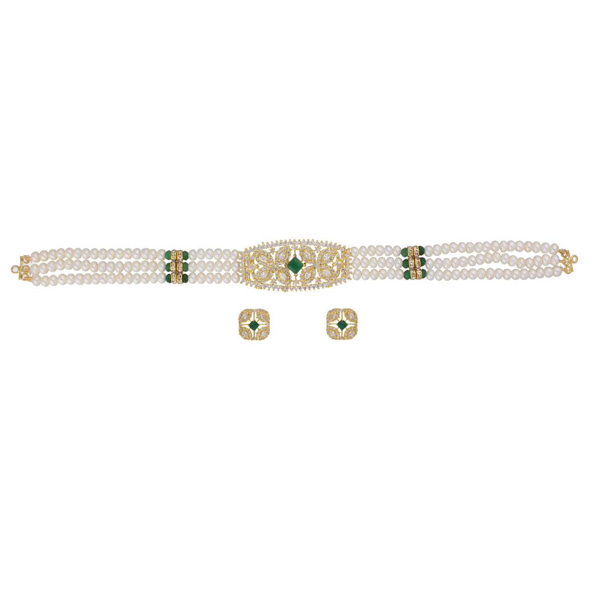 J Pearls Kavya 3 Lines Round Choker Set - Real Pearl Jewelry | Swadesiicart