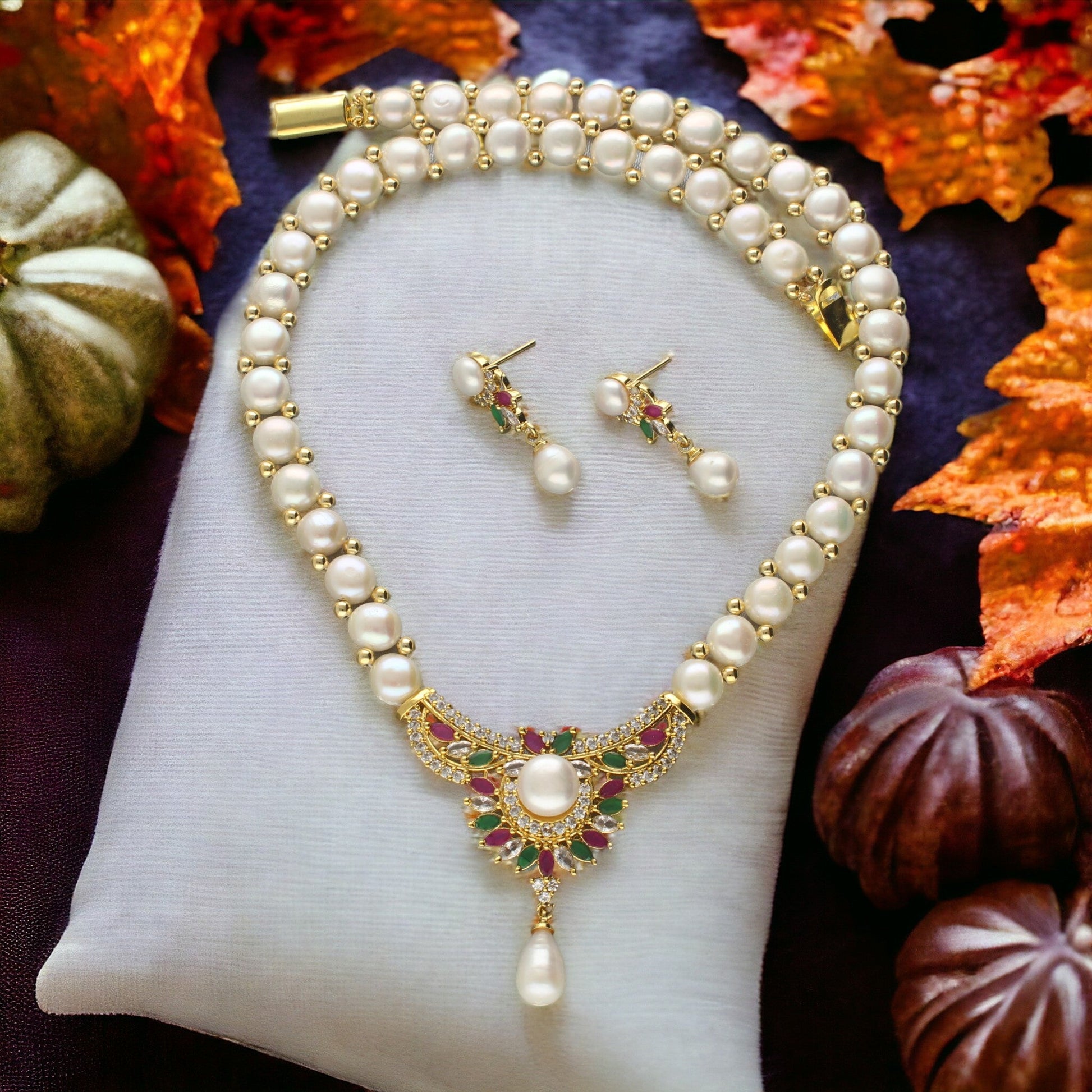 J Pearls Glittering Pearl Necklace Set - Swadesiicart
