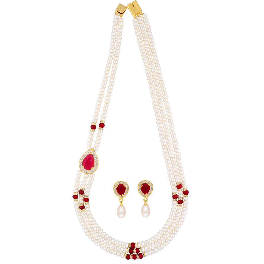 J Pearls Stunning 3 String Necklace Set - Real Pearl Jewelry - Swadesiicart