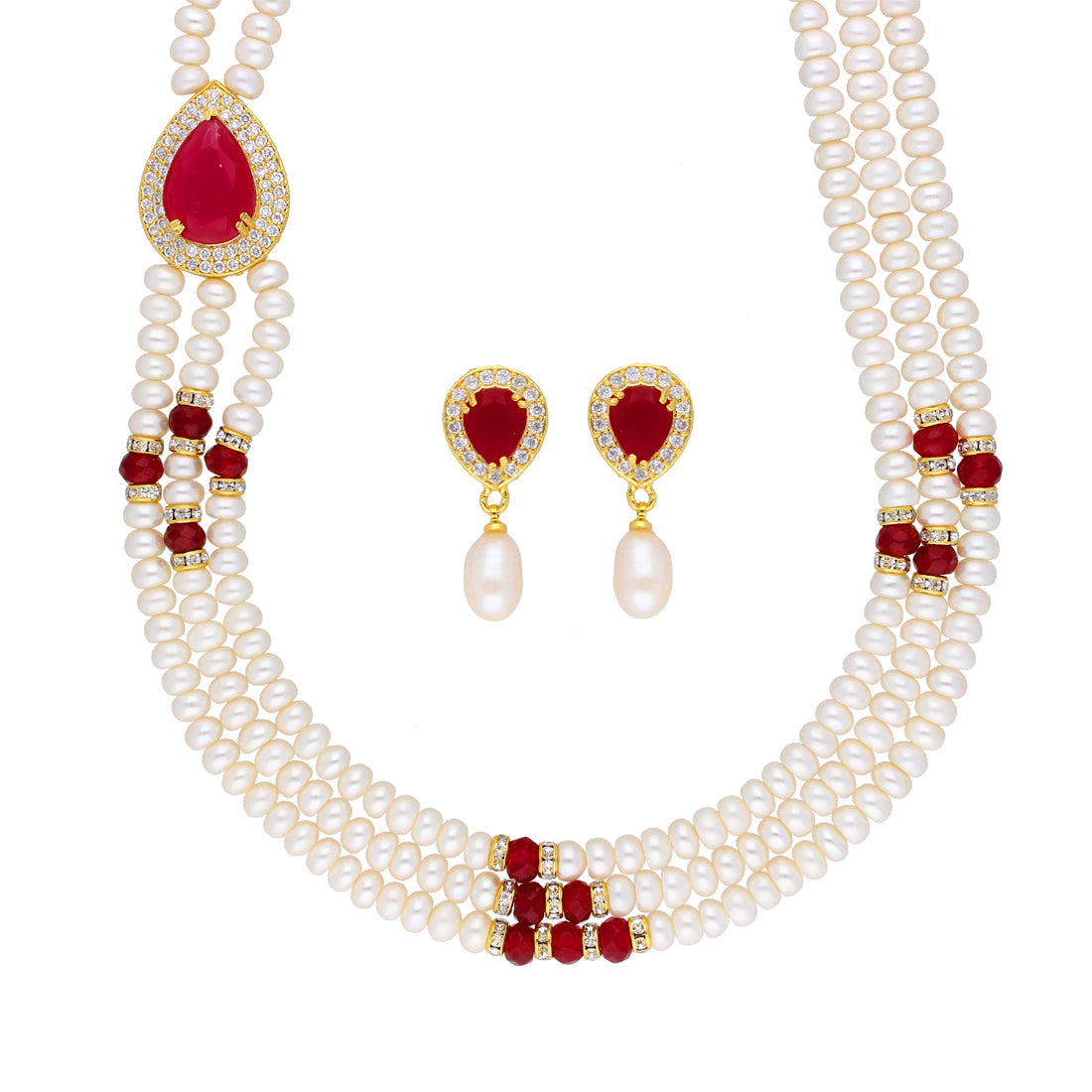 J Pearls Stunning 3 String Necklace Set - Real Pearl Jewelry - Swadesiicart