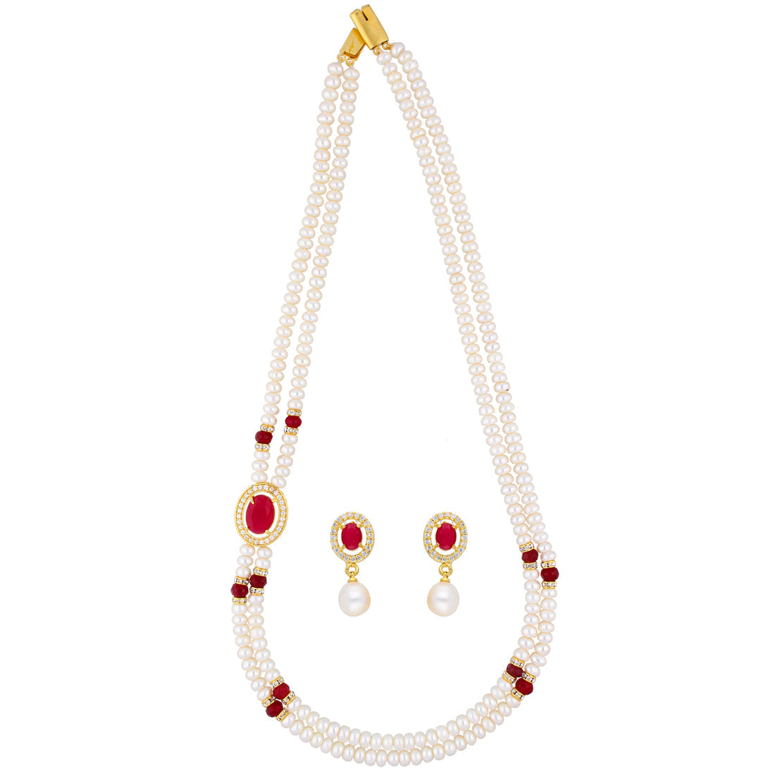 J Pearls Prominent 2 String Necklace Set - Real Pearl Jewelry - Swadesiicart