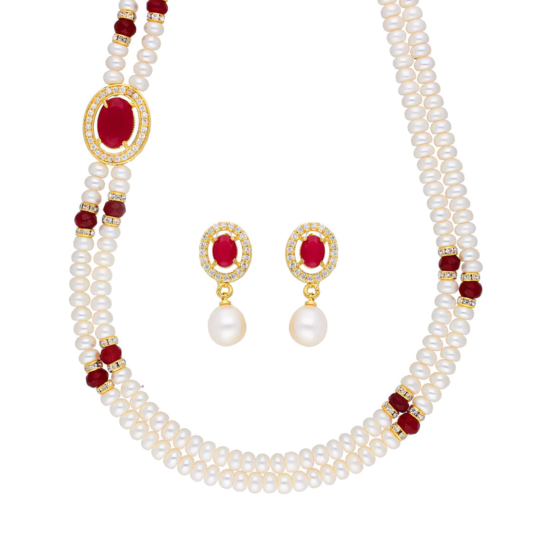 J Pearls Prominent 2 String Necklace Set - Real Pearl Jewelry - Swadesiicart