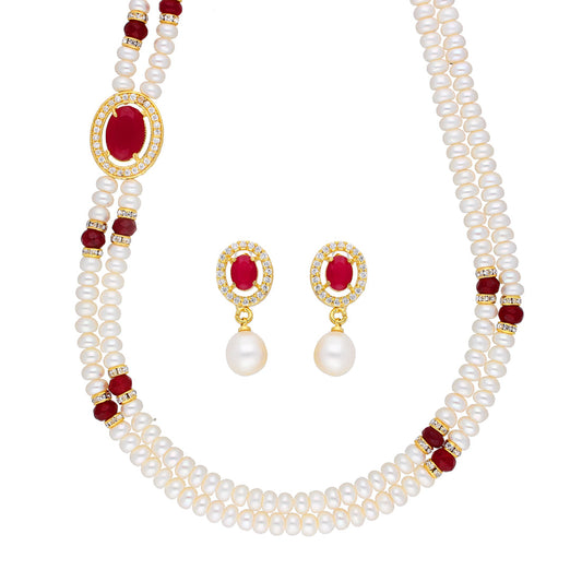 J Pearls Prominent 2 String Necklace Set - Real Pearl Jewelry - Swadesiicart