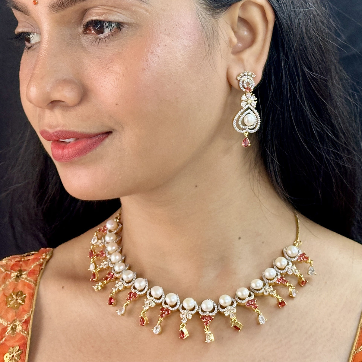 J Pearls Cherry Pearl Necklace Set - Swadesiicart