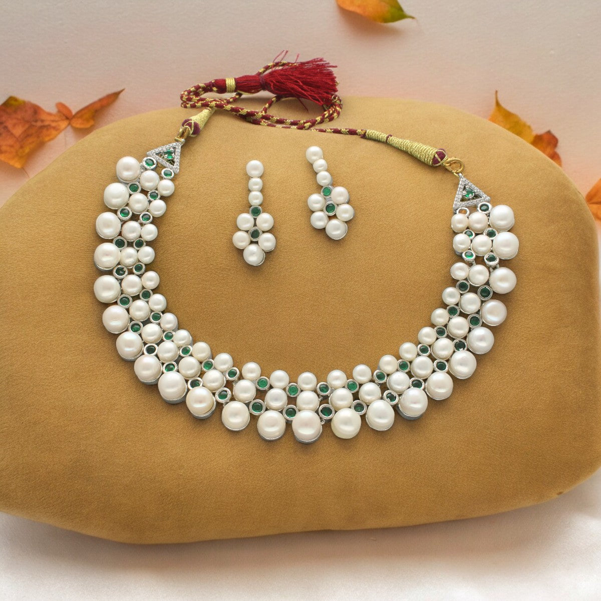 J Pearls Shimmering 3 line Pearl Necklace Set - Swadesiicart