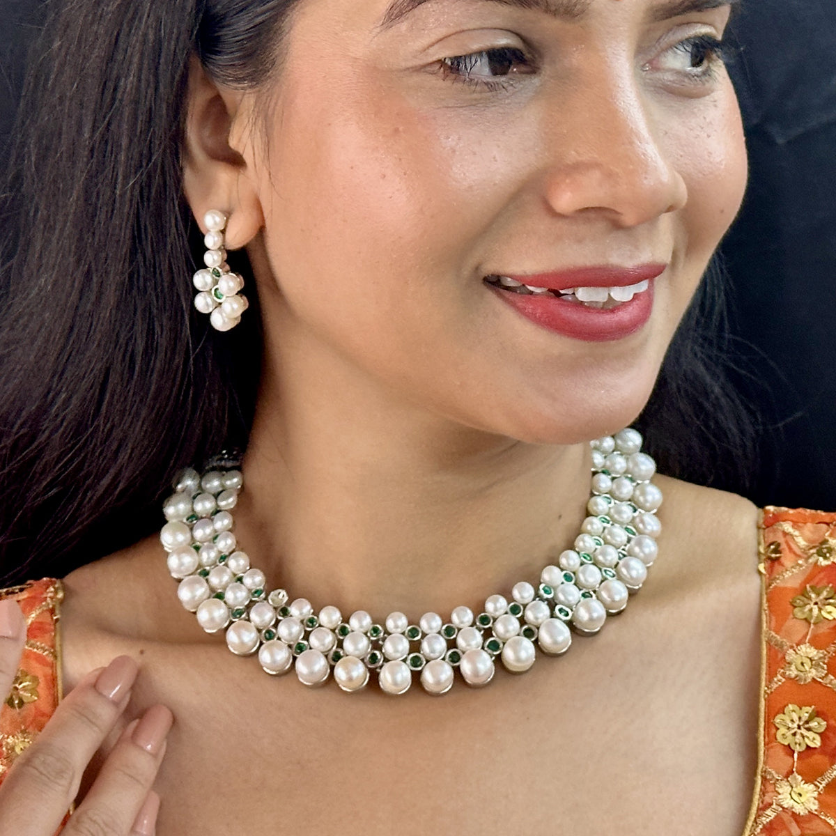 J Pearls Shimmering 3 line Pearl Necklace Set - Swadesiicart