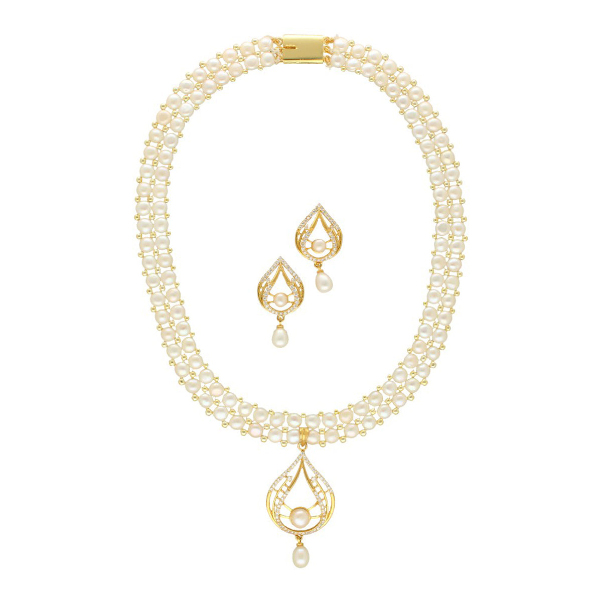 J Pearls Spectacular Dual Line Pearl Necklace Set - Swadesiicart