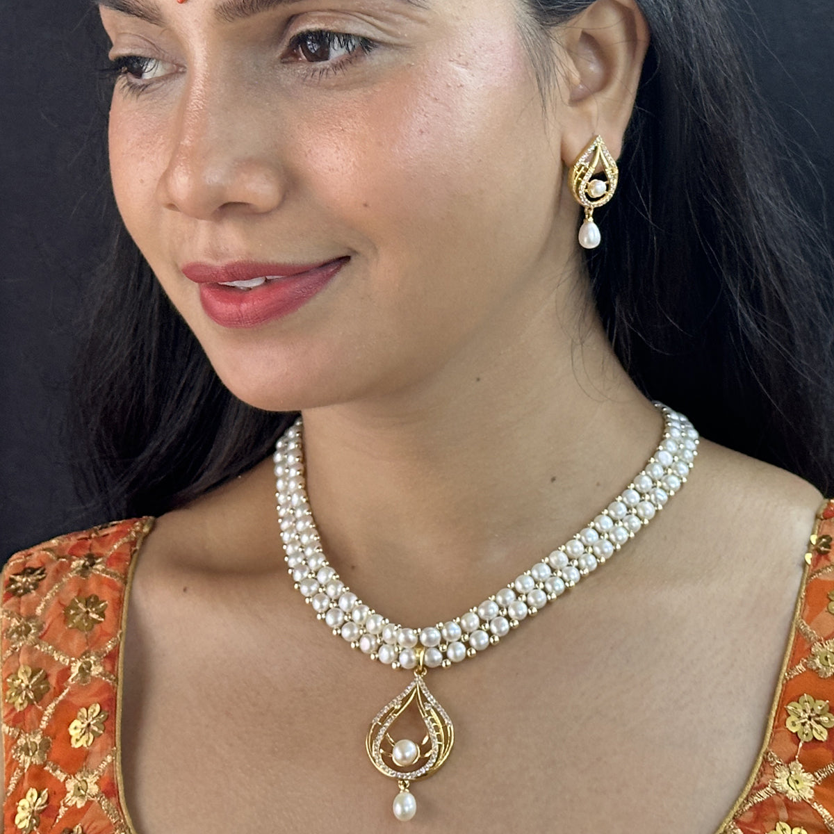J Pearls Spectacular Dual Line Pearl Necklace Set - Swadesiicart