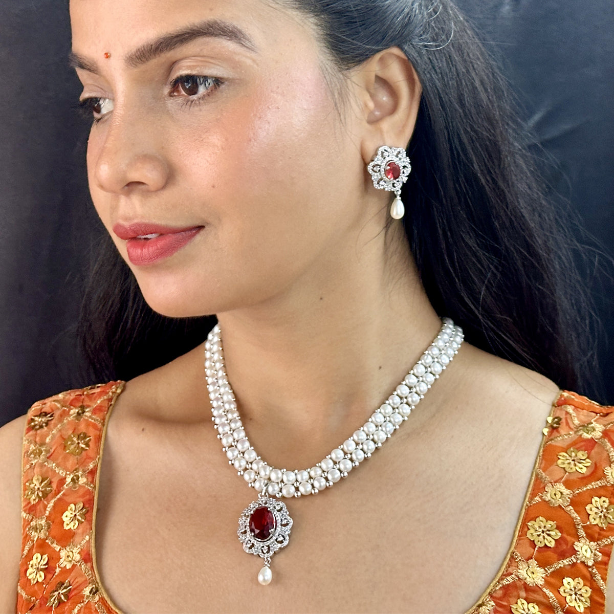 J Pearls Ravishing Dual Line Pearl Necklace Set - Swadesiicart