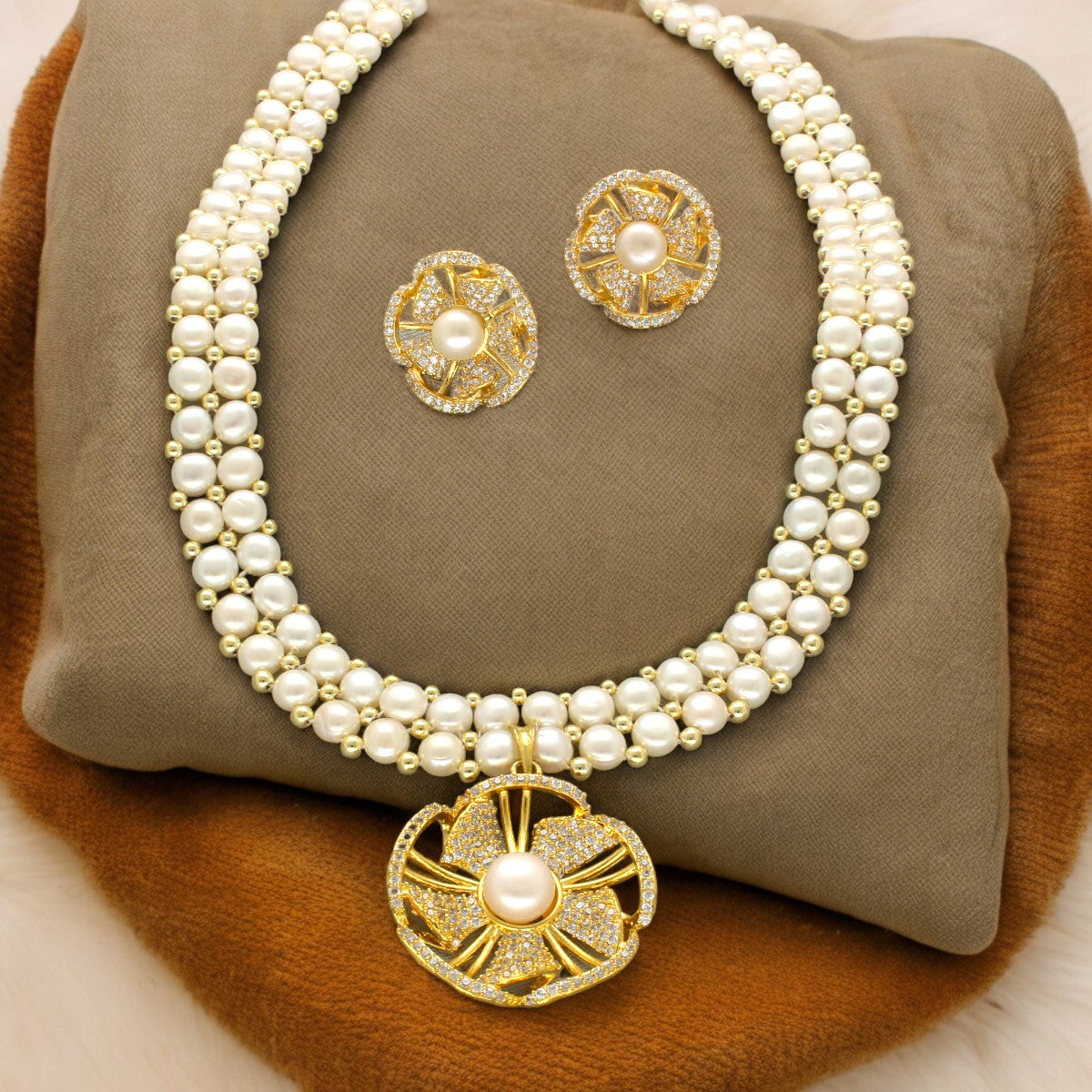 J Pearls Resplendent Dual Line Pearl Necklace Set - Swadesiicart