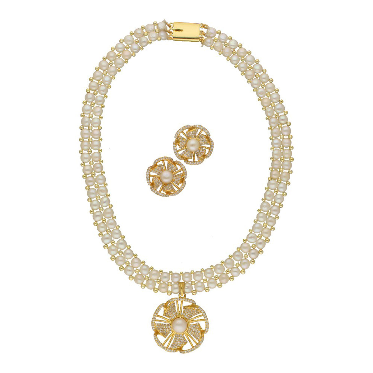 J Pearls Resplendent Dual Line Pearl Necklace Set - Swadesiicart