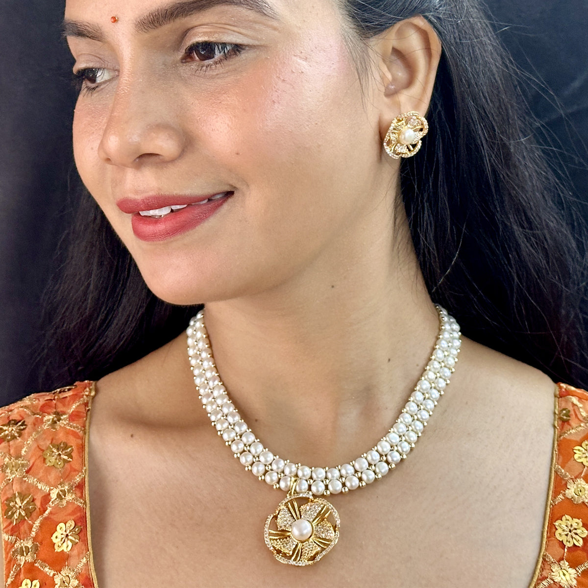 J Pearls Resplendent Dual Line Pearl Necklace Set - Swadesiicart