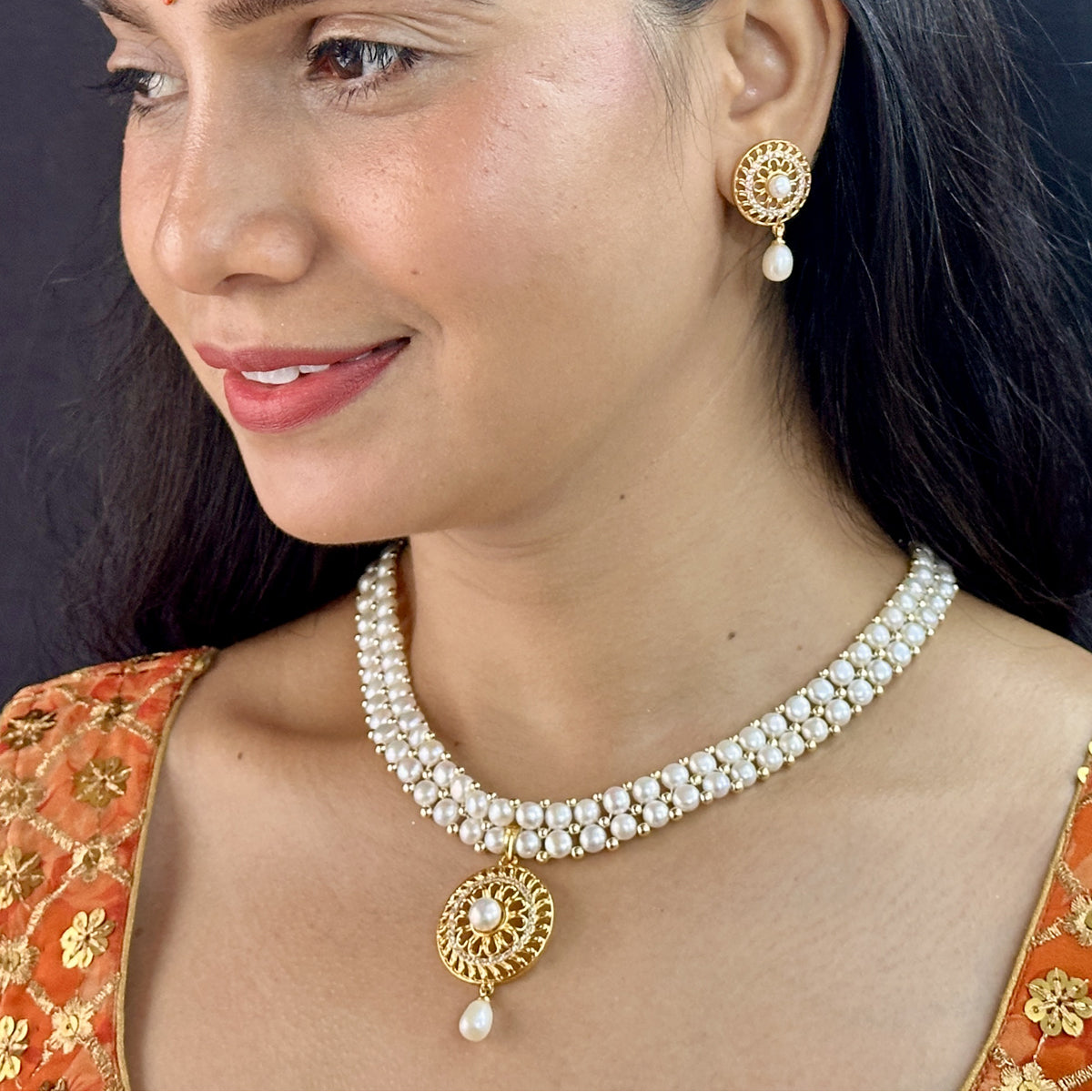 J Pearls Picturesque Dual Line Pearl Necklace Set - Swadesiicart