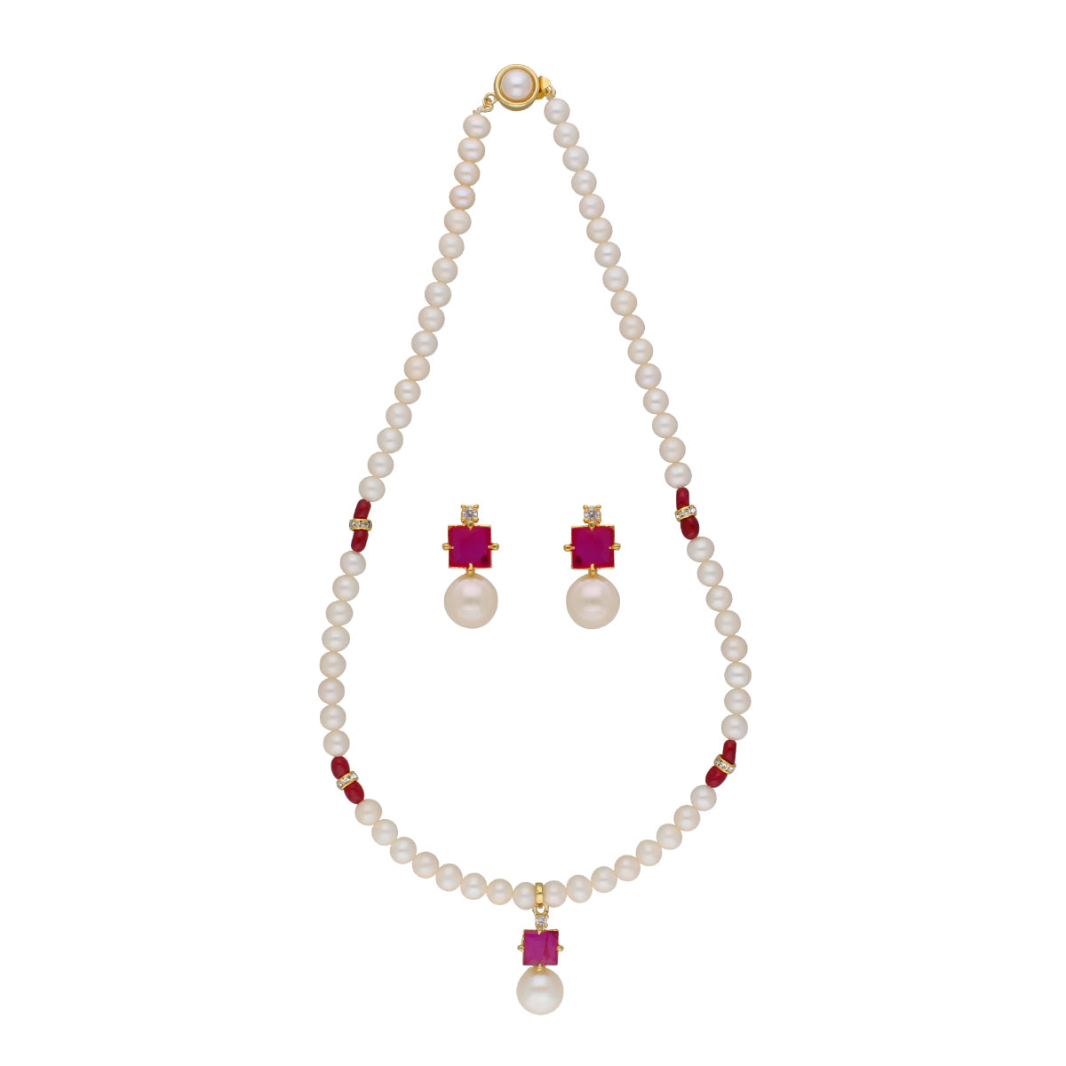 J Pearls Classic Red Pearl Pendant Set - Real Pearl Jewelry | Swadesiicart