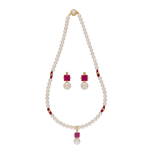 J Pearls Classic Red Pearl Pendant Set - Real Pearl Jewelry | Swadesiicart