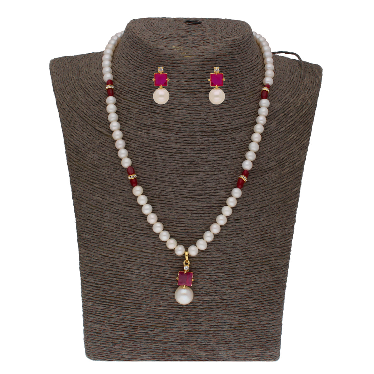 J Pearls Classic Red Pearl Pendant Set - Real Pearl Jewelry | Swadesiicart