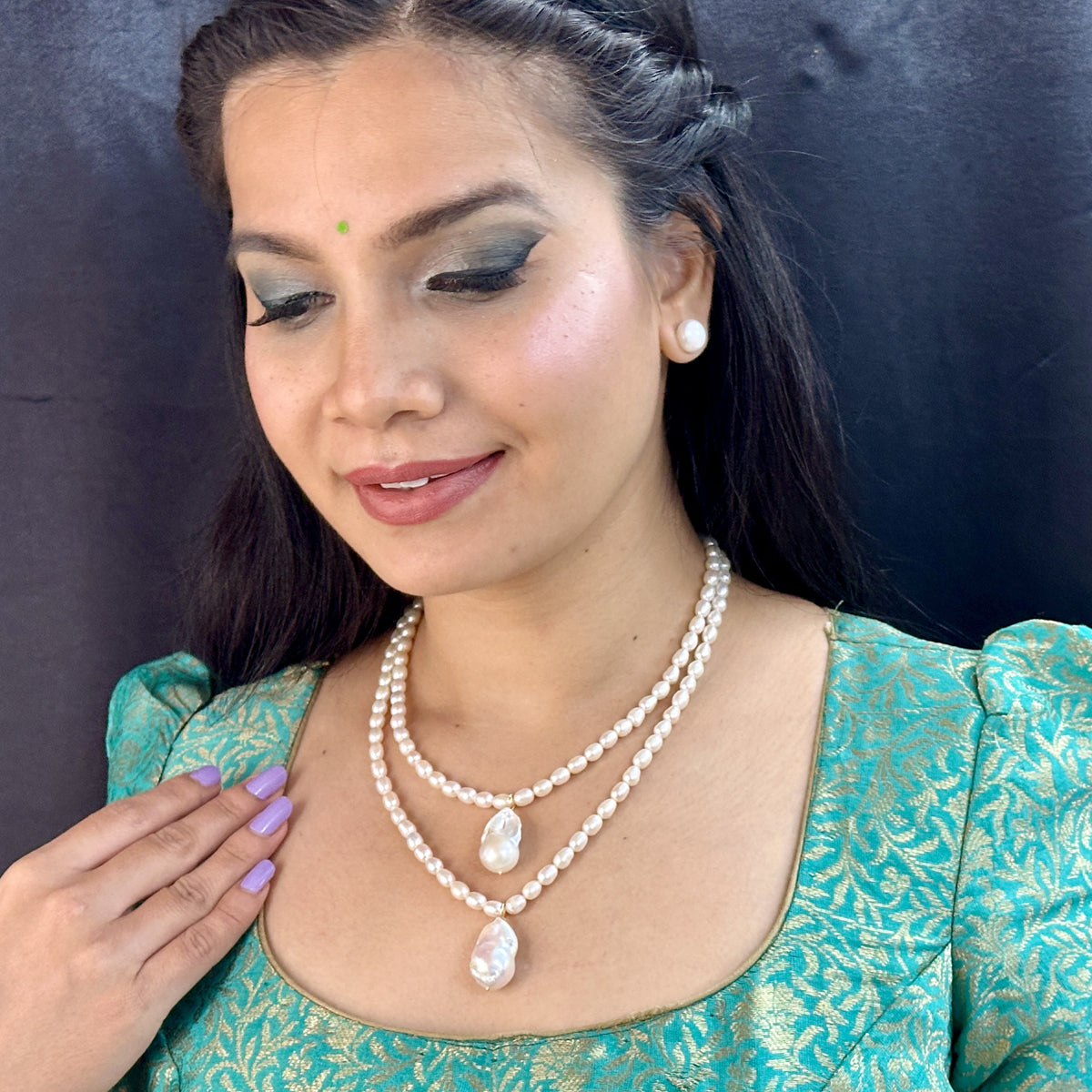J Pearls Oeshi 2 Lines Oval Pearl Necklaces | Swadesiicart