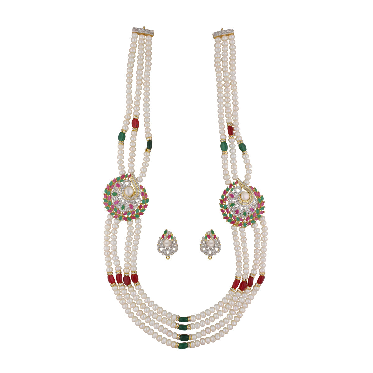 J Pearls Gamini 4 Lines Pearl Sets - Real Pearl Jewelry - Swadesiicart