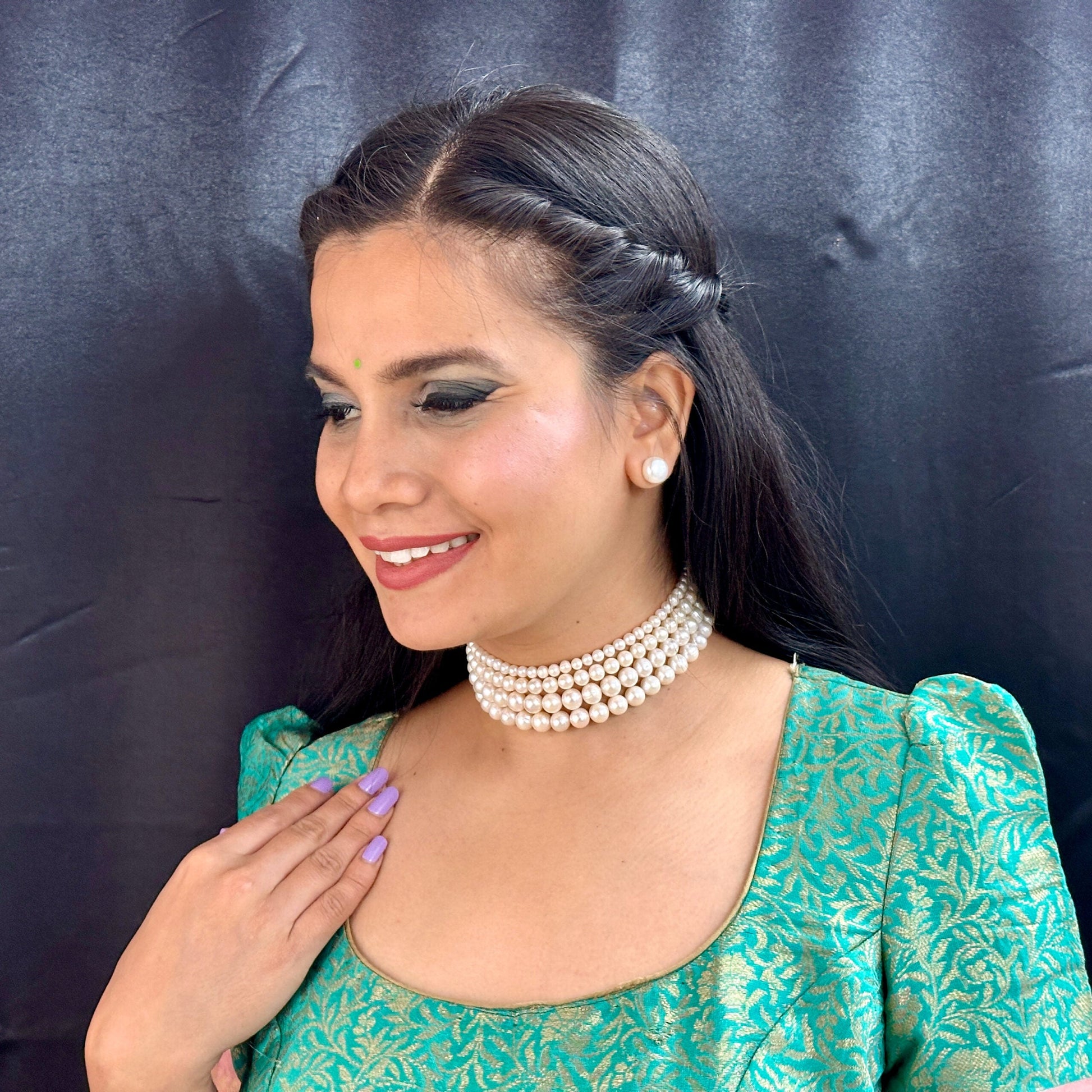 J Pearls Naira 4 Lines Pearl Choker Set | Swadesiicart
